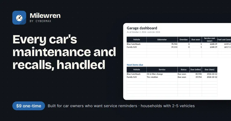Milewren Vehicle Maintenance Tracker + Recall Guide: Every car's maintenance and recalls, handled