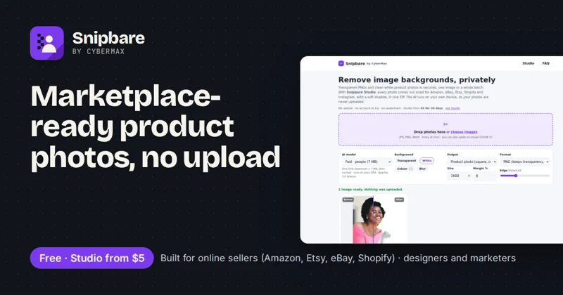 Snipbare Studio: Marketplace-ready product photos, no upload