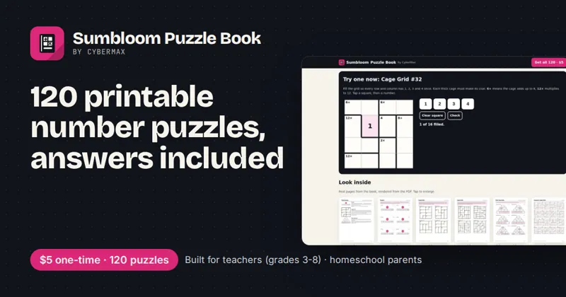 Sumbloom API: 120 printable number puzzles, answers included